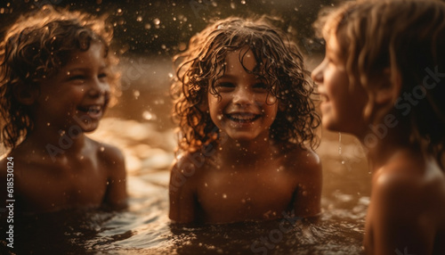 Happy children playing in the pool together generated by AI