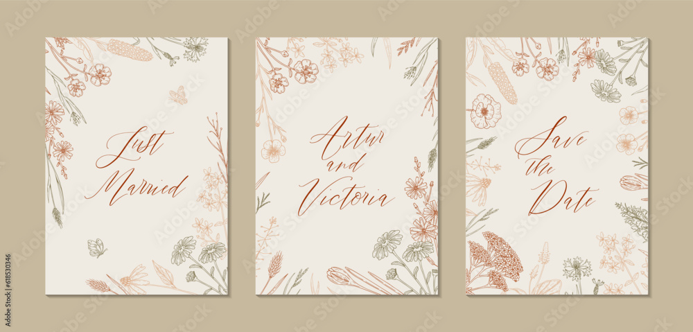 Two side wedding invitation with hand drawn summer herbs. Vertical wildflowers design. Vector illustration in sketch style. Meadow flowers aesthetic background