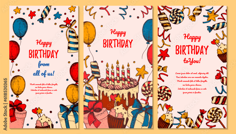 Birthday vertical greeting card. Poster with hand drawn elements. Celebration social media stories  template. Vector illustration in sketch style