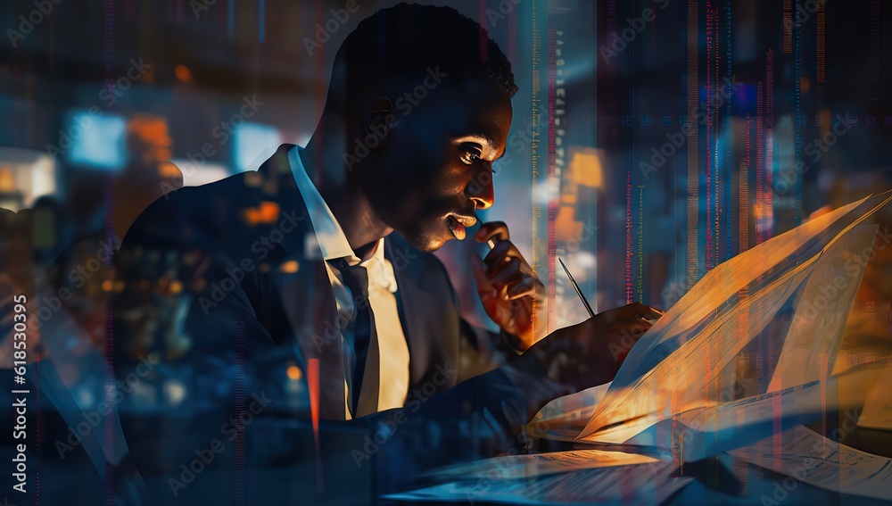 Portrait of black stock market trader analyzing investment graphs, charts, stock figures projected on his face. African American financial analyst, digital entrepreneur making successful trade - obrazy, fototapety, plakaty 