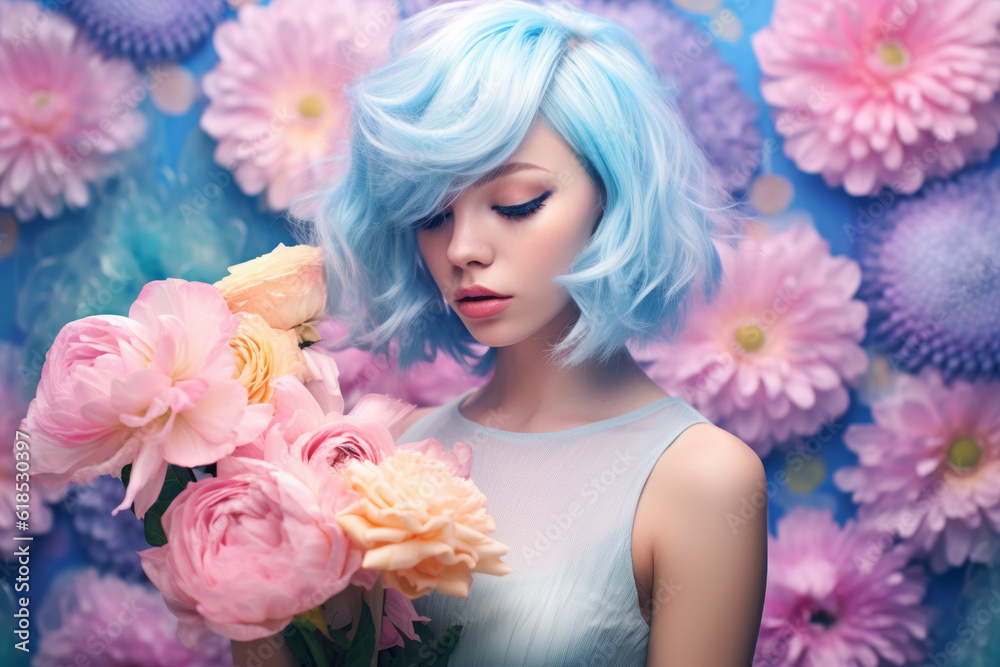 A beautiful girl with washed-out light blue hair poses in front of a colorful floral background. Generative AI. A beautiful girl with washed-out light blue hair poses in front of a colorful floral background. Generative AI.