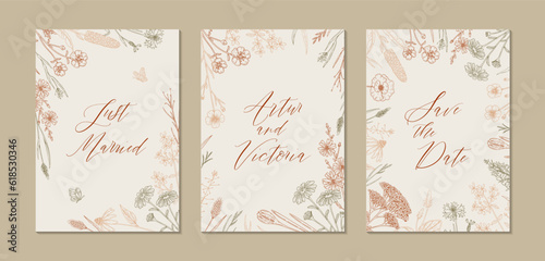 Two side wedding invitation with hand drawn summer herbs. Vertical wildflowers design. Vector illustration in sketch style. Meadow flowers aesthetic background