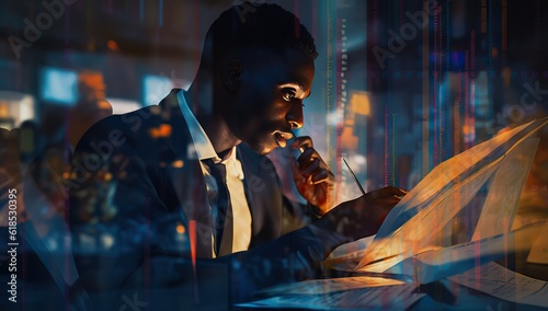 Portrait of black stock market trader analyzing investment graphs, charts, stock figures projected on his face. African American financial analyst, digital entrepreneur making successful trade photo