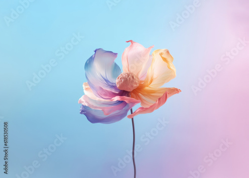 Beautiful blooming flower glowing in illuminated synthwave pink and pastel blue light. Generative AI.