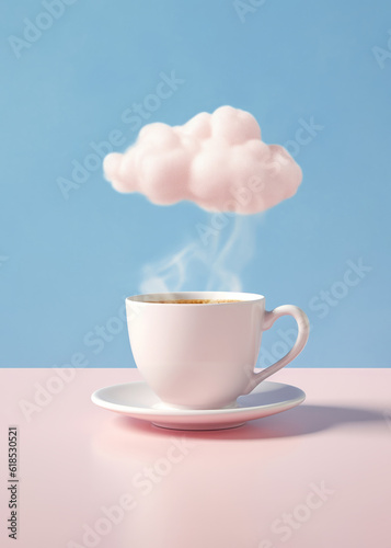 A cup of hot tea or coffee steams, creating a fluffy white cloud above it on a dual-tone pastel pink and blue background. Generative AI.
