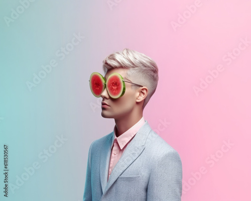 An elegantly dressed man with watermelon slice glasses stands in front of a dual-tone synthwave pastel pink and blue background. Generative AI. © Popovo