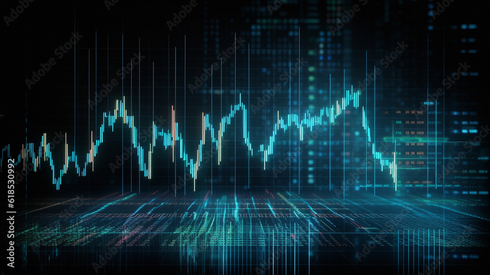 Graph, chart and future hologram of stock market, financial management and investment profit tracking. Ai generated, data and analysis on dark screen for cryptocurrency, banking and forex trading Graph, chart and future hologram of stock market, financial management and investment profit tracking. Ai generated, data and analysis on dark screen for cryptocurrency, banking and forex trading