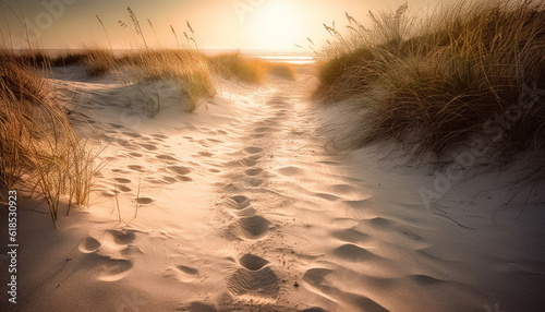 Golden sand dune reflects tranquil sunset beauty generated by AI
