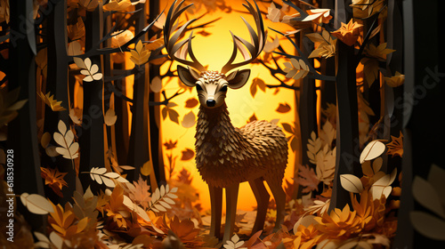 3d A deer in a forest with golden leaves full background 3d origami style symmetry