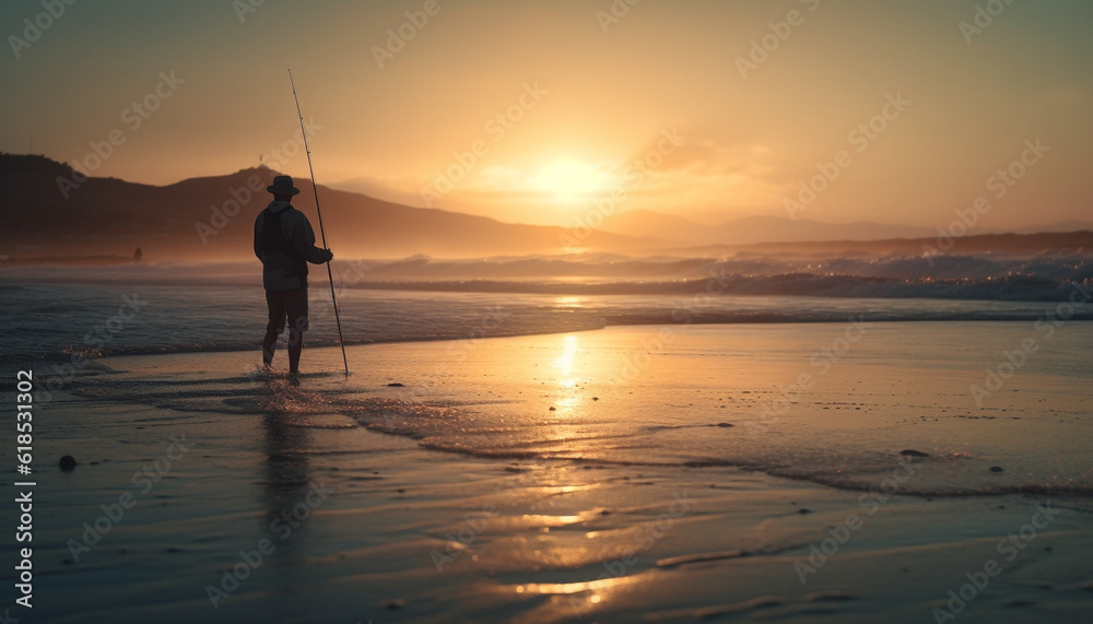 Silhouette of fisherman standing on coastline fishing generated by AI