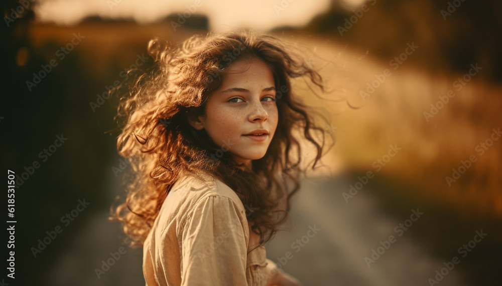 Young woman enjoying nature beauty at sunset generated by AI