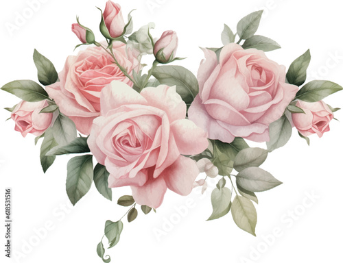 Watercolor Romantic Pink Rose Flowers Arrangement. Isolated Wedding Clipart Illustration for Invitation card, Logo, Greeting Card, Banners and more.