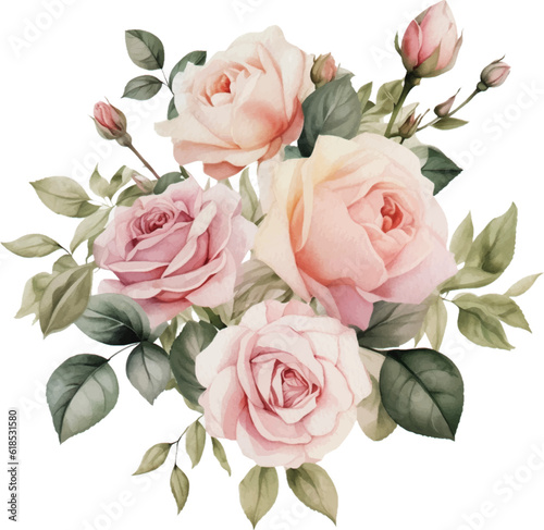 Watercolor Romantic Pink Rose Flowers Arrangement. Isolated Wedding Clipart Illustration for Invitation card, Logo, Greeting Card, Banners and more.