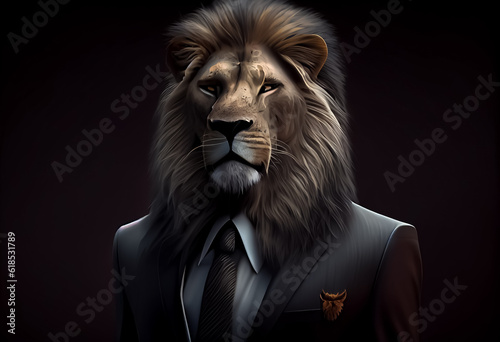 illustration of leon in black stylish business suit look strong like a king . AI