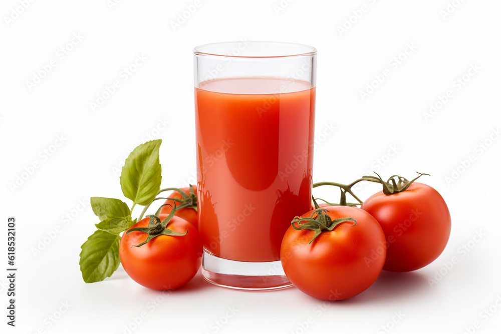 Tomato juice isolated on white background. juice in glass at center of photo, cherry tomatoes on white background. Generative AI Tomato juice isolated on white background. juice in glass at center of photo, cherry tomatoes on white background. Generative AI
