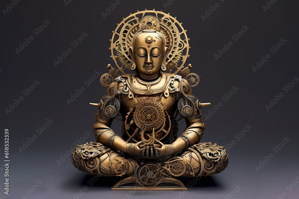 BIO mechanical Buddha Siddhartha bronze statue. Modern meditation inspiration image or mindfulness background. Generative AI
