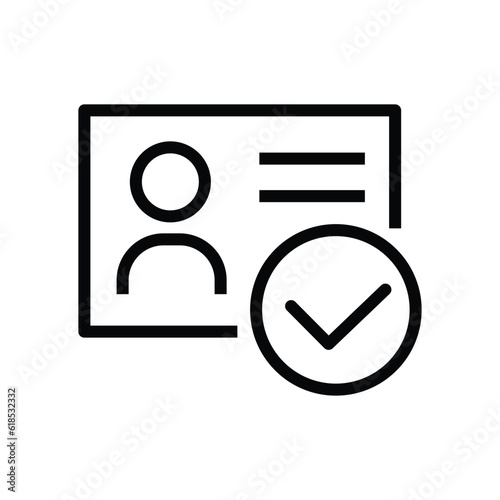 Identity verified pixel perfect linear icon. ID card with checkmark. Personality approvement. Employee badge. Thin line illustration. Contour symbol. Vector outline drawing. Editable stroke