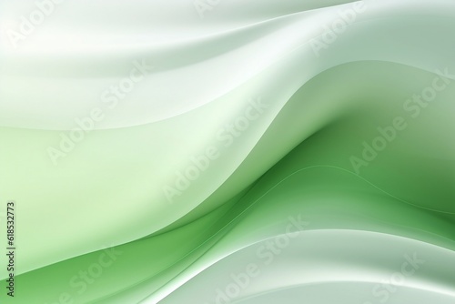 Green background with smooth soothing abstract green and white ribbon waves. Created using generative AI.