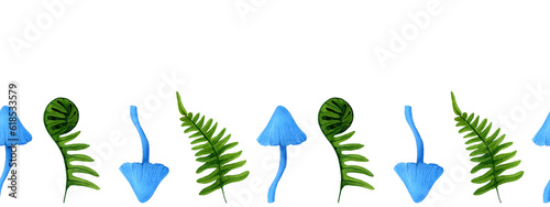 Seamless frame border from blue mushrooms and ferns. Watercolor hand drawn illustration on white background. Template for the design banner, cards, flyers and invitations.