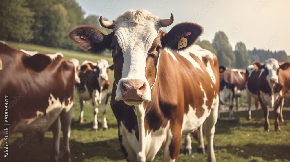 animal farming agricultural livestock cow pasture meadow cattle nature grass. Generative AI.