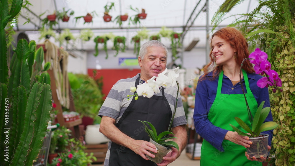 Obraz premium Horticulture Staff Walking with Flowers in Store Aisle. Young Woman and Senior Man in Aprons Carrying Plants at small business Flower shop
