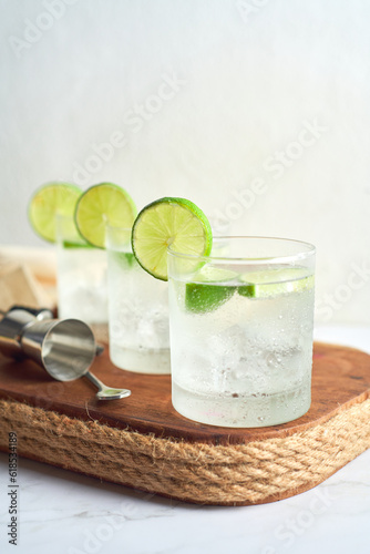 Glass of gin and tonic with mint, lime wedges and ice