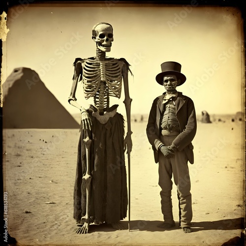 Fotografiet a creepy decaying mummy skeleton standing next to an Egyptian peasant deep deser