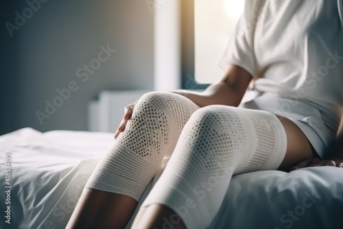 Fototapeta Woman patient with bandage compression knee brace. Generative ai
