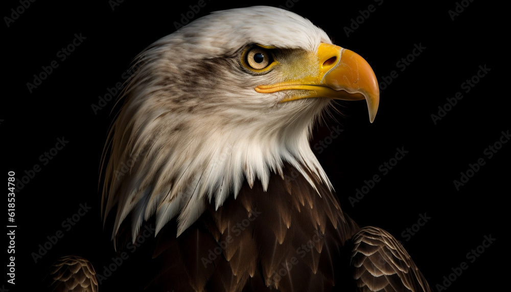 Majestic bald eagle perching, staring, sharp eyed generated by AI Majestic bald eagle perching, staring, sharp eyed generated by AI
