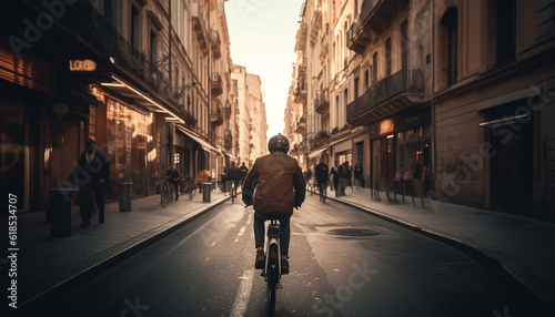Silhouette cycling through city streets at dusk generated by AI © Jeronimo Ramos