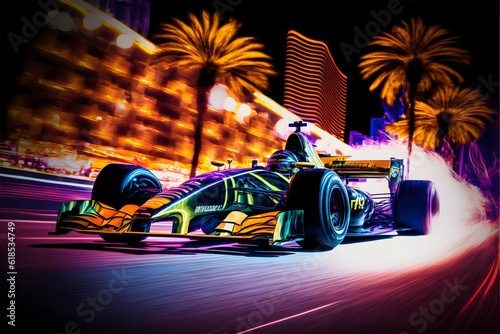 Fotobehang Formula one race down the las vegas strip at night neon lights low angle abstrac