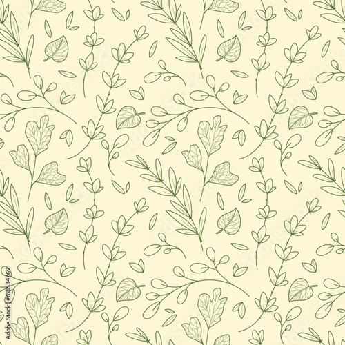 Seamless pattern of ginkgo leaf, elegance branches and leaves in line art style