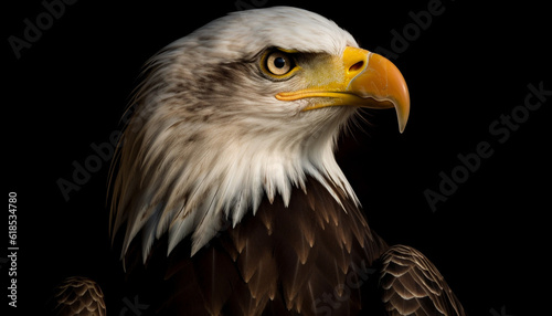 Majestic bald eagle perching, staring, sharp eyed generated by AI