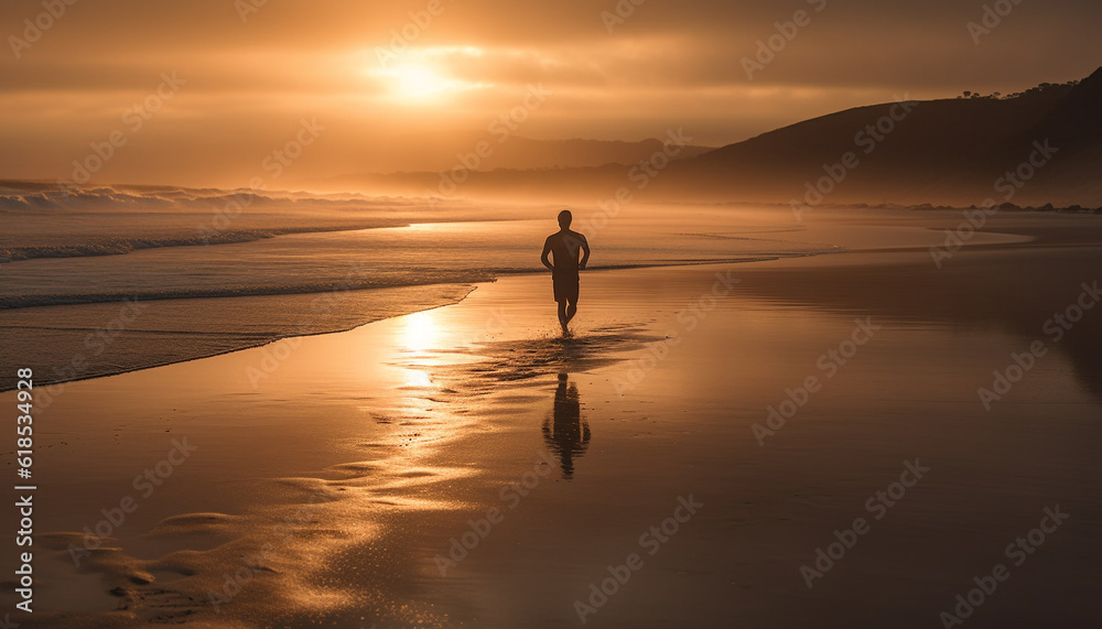 Silhouette of one person walking on beach generated by AI
