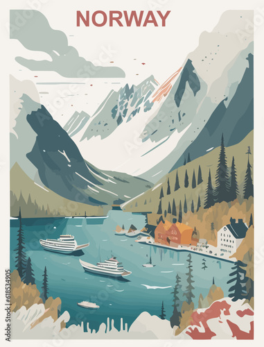 Colourful vintage poster design of the Norway