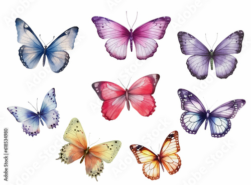 Watercolor Butterfly Illustration Clipart Bundle. A set of generative watercolor butterflies on white background.