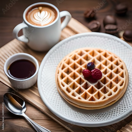 Waffles with cream and jam on a neutral background created and generated by AI