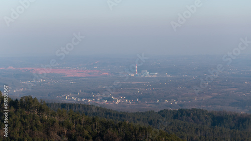 Thermal power plant and coal mine in Stanari, view from mountain Ljubic