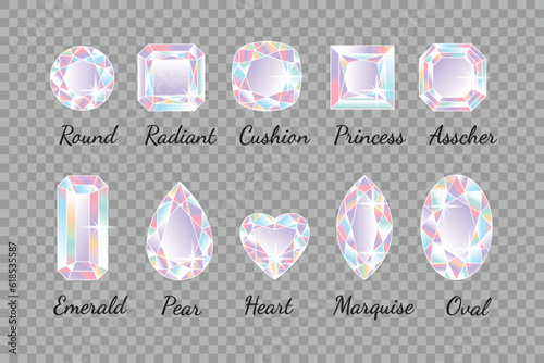 Collection of coloured shining diamonds of different shapes on a transparent grey background. Vector