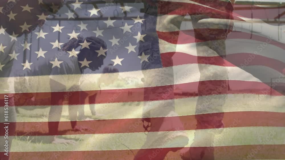 Animation of flag of america over diverse superior walking beside soldiers doing push ups Animation of flag of america over diverse superior walking beside soldiers doing push ups