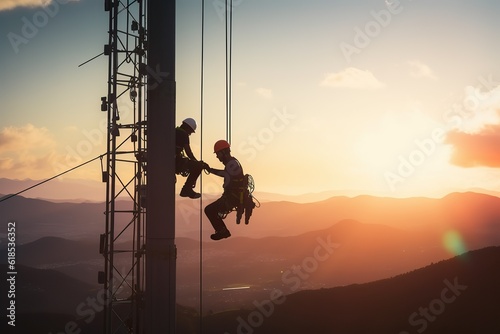 Silhouette worker construction of high voltage tower extension on blurred natural background © Yan