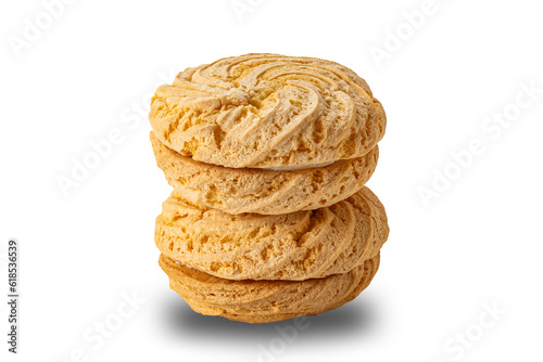 Stack of delicious homemade blueberry cream sandwich cookies isolated on white background with clipping path.