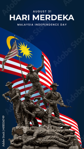 Malaysia national monument with giant Malaysia flag, Malaysia Independent Day, artwork, print, social media post or post story, vector illustration (Vector)