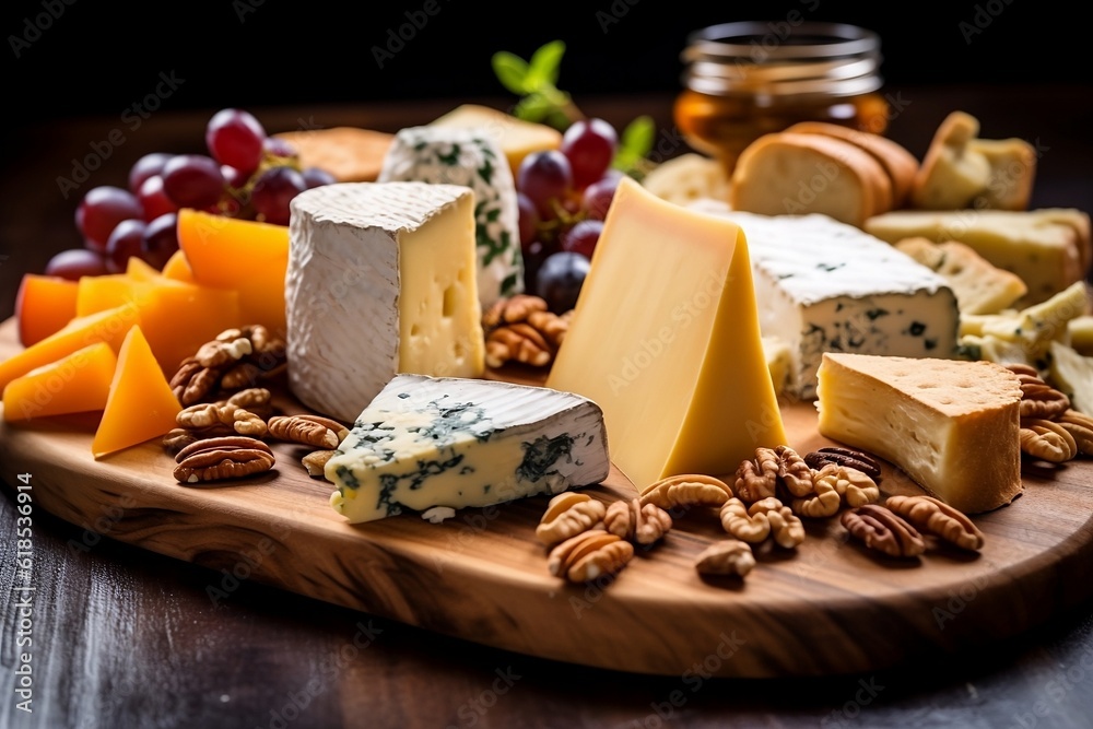 Cheese board with different kinds of cheese, blue cheese, Parmesan, Gouda, Camembert and others! 