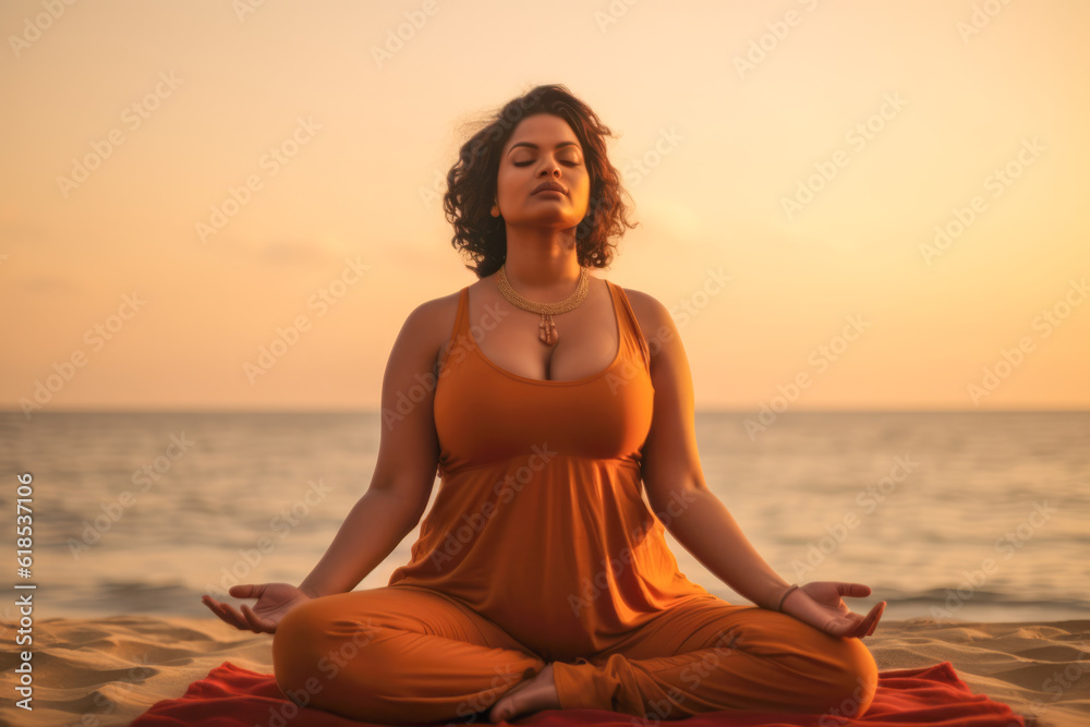 Close up of a hindi woman practicing meditation at the beach. Generative AI.