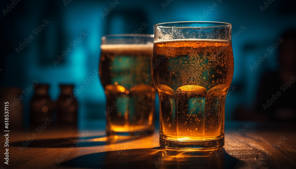 Frothy beer glass on wooden bar counter generated by AI Frothy beer glass on wooden bar counter generated by AI