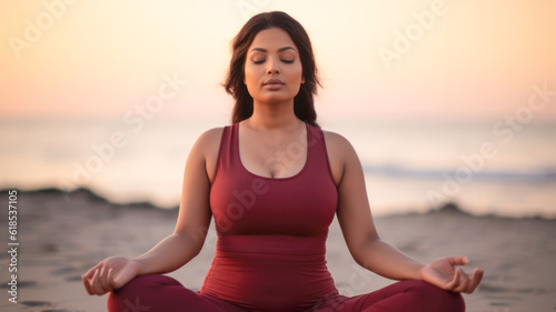 Close up of a hindi woman practicing meditation at the beach. Generative AI.