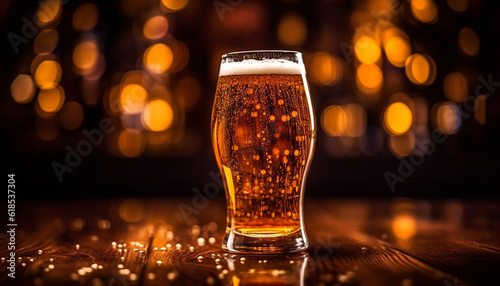 Frothy beer in glowing pint glass, perfect refreshment generated by AI