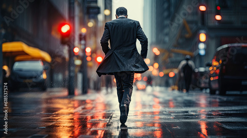 a businessman in a black suit is walking under the rain in a big city. Generative AI