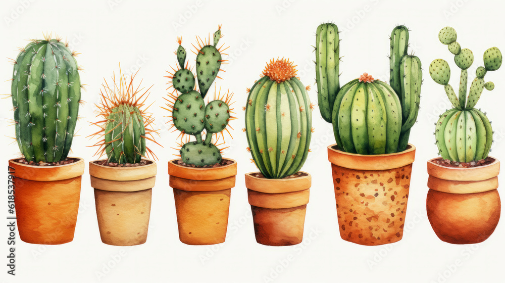 Watercolor illustration of Cacti in Terracotta Pots isolated on white background Watercolor illustration of Cacti in Terracotta Pots isolated on white background